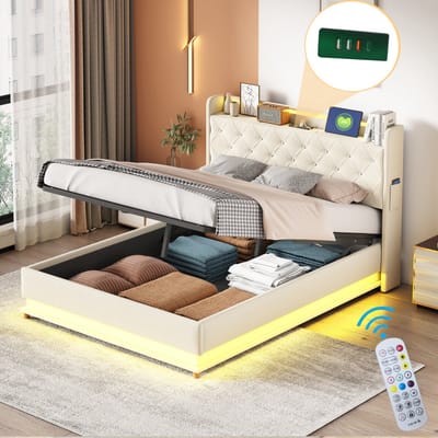 SINGULARITY-LED gestoffeerd bed 140x200 cm met USB-oplaadpoort en hydraulische opberging- huidvriendelijke linnenstof beige- zonder matras