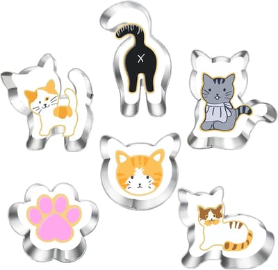 Famanu - Uitsteekvormen voor katten, 6 stuks, kattengezicht, kattenbak, kattenpoot en 3 schattige kattenlichaam-uitsteekvormen voor feestjes met kattenmotto