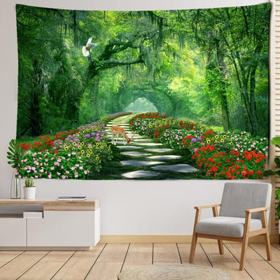 Hert Wilde Bloemen Bos Wandkleed Wanddecoratie Kunst Boheemse Moderne Stijl Woonkamer Slaapkamer Achtergronddoek Huisdecoratie 95x73CM green