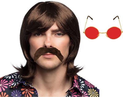 Boland Hippie Sixties verkleedset - Pruik lang haar en plaksnor bruin - bril rood met ronde glazen - heren - Flower Power look