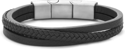 Frank 1967 Junior - 7FJB-0002 - lerenarmband jongens - drie gevlochten strengen - zwart - 15,5 cm