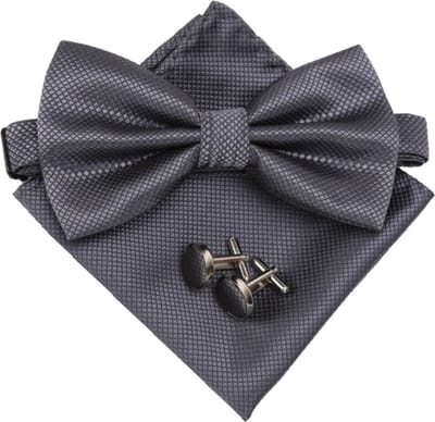 Fako Fashion - Vlinderstrik, Pochette & Manchetknopen - Kleine Ruit - Vlinderdas - Strikje - Pochet - Donkergrijs