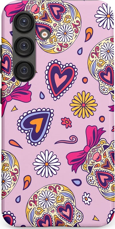 Casetastic hoesje geschikt voor Samsung Galaxy S25 - Dubbellaagse bescherming - Dia de los Muertos Doodshoofd Strik - Fashion Case - Lichtroze Lila Taupe Zilver