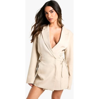 boohoo Dames Petite Blazerjurk met veterbesluiting aan de zijkant | Taupe | Maat: 34