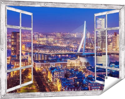 Gards Tuinposter Doorkijk Rotterdamse Skyline met de Erasmusbrug - 120x80 cm - Tuindoek - Tuindecoratie - Wanddecoratie buiten - Tuinschilderij