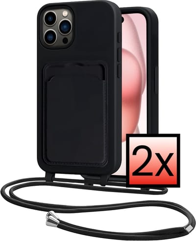 Hoes Geschikt voor iPhone 14 Pro Max Hoesje Pasjeshouder Cover Met Koord Case Siliconen Hoes Met Telefoonkoord en Kaarthouder - Zwart - 2 PACK