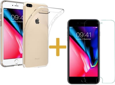 Hoesje geschikt voor Apple iPhone 8 Plus - Siliconen Transparant Hoesje Gel Soft TPU Case Backcover + Tempered Glass Screenprotector 2,5D 9H (Gehard Glas) - 360 graden protectie