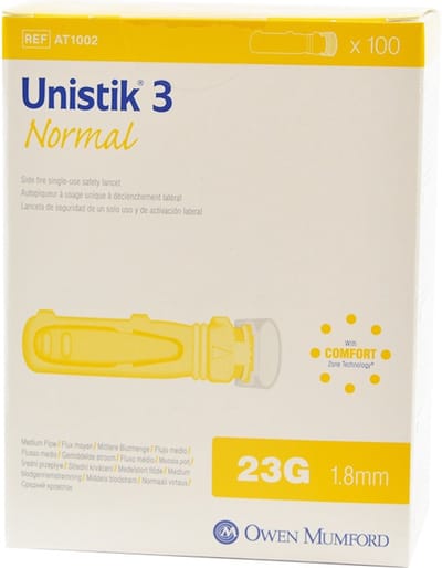 Unistik 3 veiligheidslancet Normal 100 stuks (bloedglucose meten)
