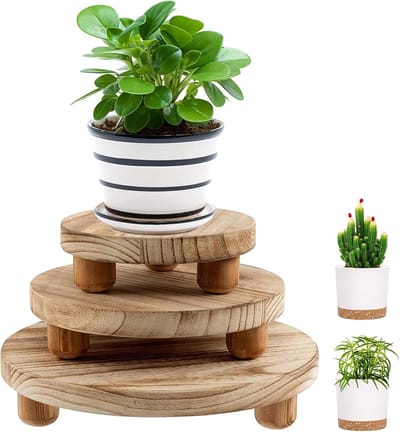 3 stuks houten bloemenkruk, rond, houten potplantenstandaard, mini-houten kruk, presentatiestandaard, bloemenstandaard, plantenstandaard, plantweergave, afneembaar, voor balkon
