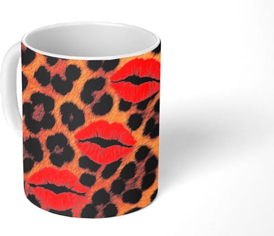 Mok - Koffiemok - Lippen - Drie - Rood - Panterprint - Mokken - 350 ML - Beker - Koffiemokken - Theemok