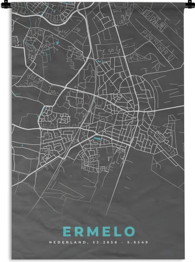 Wandkleed - Wanddoek - Stadskaart - Ermelo - Grijs - Blauw - 60x90 cm - Wandtapijt - Plattegrond