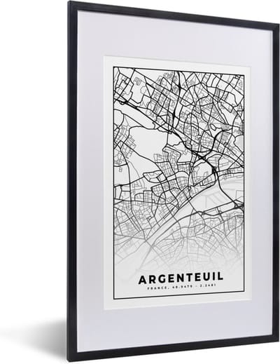 Fotolijst incl. Poster Zwart Wit- Stadskaart - Plattegrond - Argenteuil - Kaart - Frankrijk - Zwart wit - 40x60 cm - Posterlijst