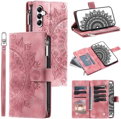 Telefoonhoesje geschikt voor Samsung Galaxy A26 5G / A17 5G - Portemonnee met rits - book-case hoesje - ruimte voor 7 pasjes - Portemonnee met rits - book-case hoesje - ruimte voor 8 pasjes - mandala roze