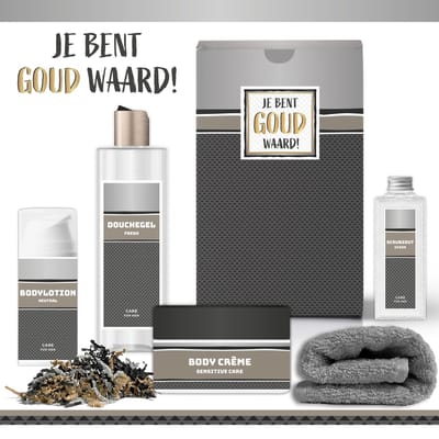 Geschenkset "Je Bent Goud Waard!" - 5 Producten - 750 Gram | Giftset voor hem - Luxe Wellness Cadeaubox man - Douchegel Bodylotion Bodycrème Scrubzout - Vaderdag Verjaardag Vader - Cadeau Pakket Kerst - Vriend Collega Vrijwilliger - Antraciet Zilver