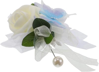 Zijden Rozen Corsage - Bruidsbloem Boutonnière - Formele Gelegenheden - Met Kunstvlinder Detail - 125x11x45 cm - Wit