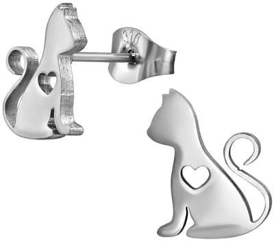 CS Joy - kat poes oorbellen - Chirurgisch staal - kat met hartje oorknoppen - 9.5 x 12 mm