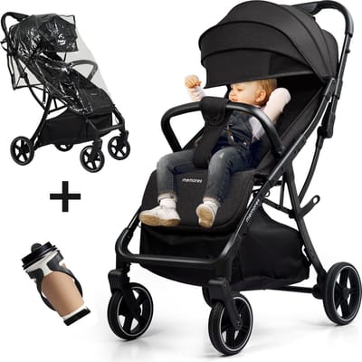 Memores Plooibuggy Zwart - Buggy Inklapbaar Inclusief Regenhoes, Bekerhouder en Tassenhaken - Peuter -Extra licht & Compact voor Vliegtuig, Auto & OV - Extra Veilig en Wendbaar door Grote Massieve Wielen - Tot 4 jaar - Kinderwagens - Wandelwagen - M1