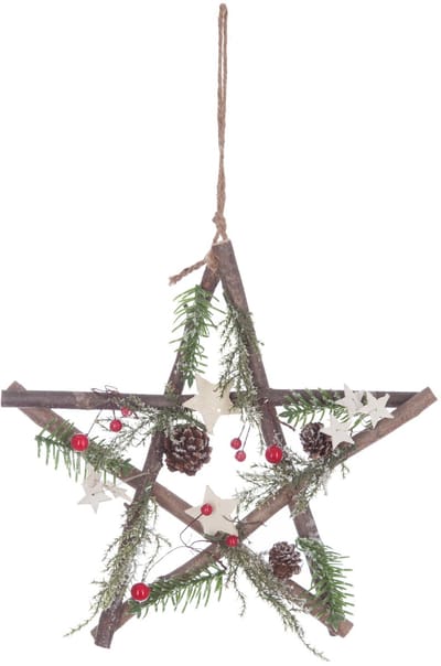 JJA - Houten sterophanging met dennenappels en bessen 28 cm kerstdecoratie