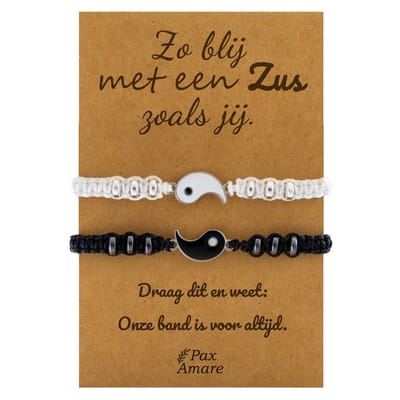 Vriendschapsarmbandjes voor 2 "Zo blij met een Zus zoals jij" - Yin Yang - BFF Armbandjes met Cadeau Kaartje - Zwart & Wit - Elastisch Verstelbaar - Pax Amare