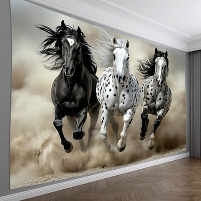 Trippy Paard Wandkleed, Zwart-Wit Gevlekte Paarden Rennen, Dynamische Dierlijke Kunst Decoratie Voor Woonkamer Slaapkamer 130x150cm51x59in