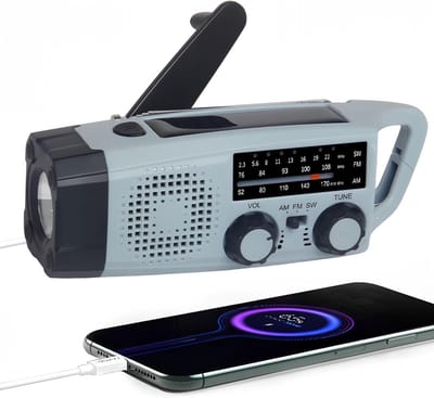 Noodradio - Noodradio's - Draagbare noodradio - 2000mAh Zonnesolar handkraan, AM/FM, koptelefoonjack, LED zaklamp, USB telefoonlader, SOS-alarm, Geschikt voor kamperen, buiten, wandelen