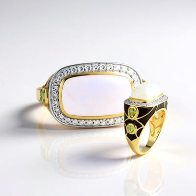 Cavill - Vergulde Zilveren Ring - 5,85 ct Regenboog Maansteen Antiek Cabochon - 925 Sterling Zilver - 6,82 ct Peridoot en Zirkon Luxe Damesring