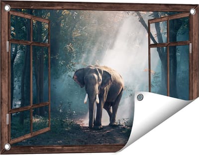 Gards Tuinposter Doorkijk Olifant in het Bos met Zonneschijn - 60x40 cm - Tuindoek - Tuindecoratie - Wanddecoratie buiten - Tuinschilderij