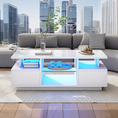Salontafel - 100x50x36cm - LED Hoogglans 2 Lades - Koffietafel Open Opbergruimte Glazen Scheidingswand - Hout MDF - Wit