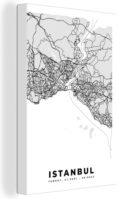 Canvas Schilderij Istanbul - Plattegrond - Stadskaart - Zwart Wit - Kaart - 20x30 cm - Wanddecoratie