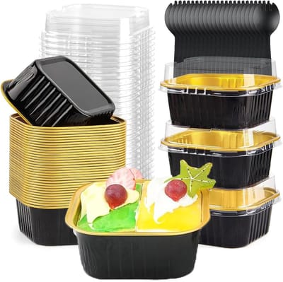 Vierkante Mini Bakvormpjes van Aluminiumfolie, 50 Stuks, 150 ml, Inclusief Deksel en Lepels voor Cupcakes en Muffins, Perfect voor Taartjes en Gebakjes