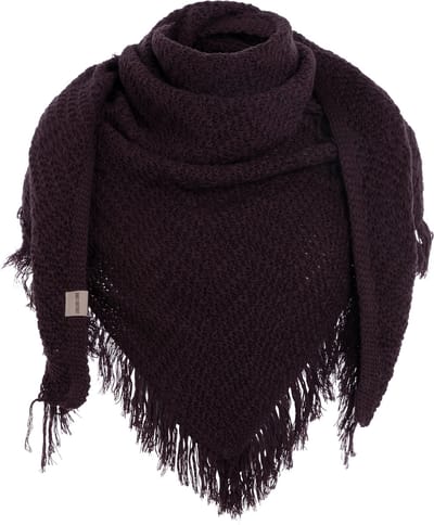 Knit Factory Amber Gebreide Omslagdoek - Driehoek Sjaal Dames - Dames sjaal - Wintersjaal - Stola - Wollen sjaal - Donkerpaarse wintersjaal - Midnight Plum - 190x85 cm - Sjaal met franje
