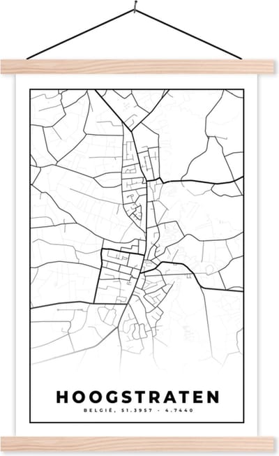 Posterhanger incl. Poster 40x60 cm - Schoolplaat - België – Hoogstraten – Stadskaart – Kaart – Zwart Wit – Plattegrond - Textielposter - Blanke latten - Stadskaart