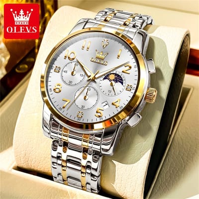 HO-3628.gz-z : Olevs zilver/goudkl edelstaal horloge, zilverwitte wijzerplaat, goudkl cijfers, uren & minuten & maanfase -aanduiding, dagkalender