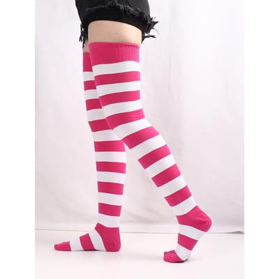 Grote maat Verlengde Lengte Over de Knie Hoge Kousen Dames 70cm Katoen Lange Kousen Leggings Gestreept Comfortabele Sokken One Size pink