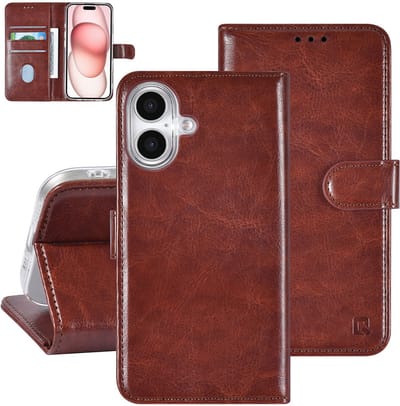TUNIQ telefoonhoesje voor Apple iPhone 16 - Boekmodel voor 3 pasjes - Magneetsluiting - Bruin