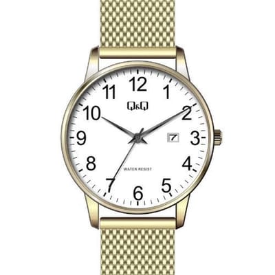 Q&Q BL76J804Y - Horloge - Analoog - Mannen - Heren - Mesh/Milanese band - Rond - Staal - Cijfers - Datumaanduiding - Goudkleurig - Wit