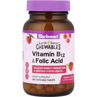 Bluebonnet Nutrition, EarthSweet Kauwtabletten, Vitamine B-12 en Foliumzuur, Natuurlijke Frambozensmaak, 180 Kauwtabletten