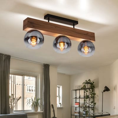 Plafondlamp slaapkamerlamp plafondspot houtlook 3-lichts plafondlamp, rookglas, metaal MDF, 3x E27 fitting, LxH 65 x 28 cm