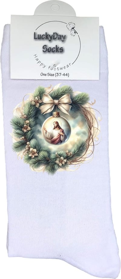 Jezus - Verjaardag cadeau - Grappige sokken - Geloof - God - Leuke sokken voor heren en dames - Moederdag - Vaderdag - Cadeau voor hem en haar - Kerstcadeau - Vrolijke sokken - Kerst krans - Valentijns cadeau - Socks waar je Happy van wordt - 37-44