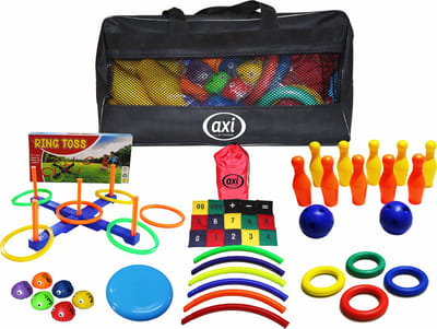 AXI Kids Activity Bag – Tas met spelletjes voor kinderen – Ringwerpen – Bowlen – Frisbee – Hoelahoep - Pittenzakjes - Camping spellen