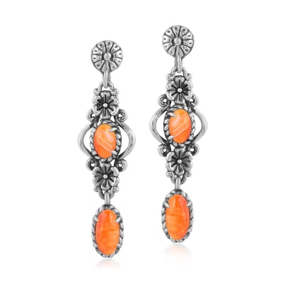 Cavill - Zilveren Oorbellen - 925 Sterling Zilver Geoxideerd - Oranje Stekelige Oester Cabochons 2,34 ct - Boho Lange Bloemvormige Oorbellen