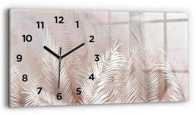 Wallfluent Wandklok - Tropische bladeren Stijlvolle Klok - 60 cm x 30 cm - Grijs Wandklok - Zwarte Handen - Wandklok Met Cijfers - Wandklok Glas Woonkamer - Rechthoekige Glas Klok - Industrieel Wandklok - Stijlvolle Klok