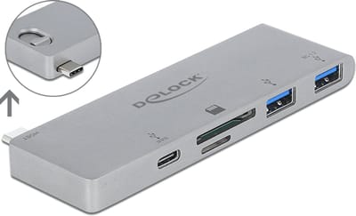 Delock 3 Port Hub and 2 Slot Card Reader for MacBook with PD 3.0 and retractable USB Type-C™ Connection