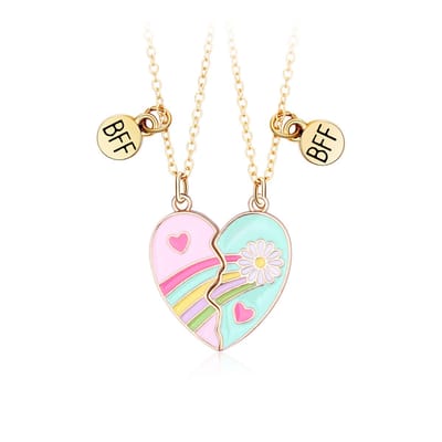 Bixorp Friends BFF Ketting voor 2 met Roze en Blauw Hartje - Goudkleurig - Madeliefje & Regenboog - Magnetische Vriendschapsketting - Twee Helften Best Friends - Vriendschap Cadeau voor Twee