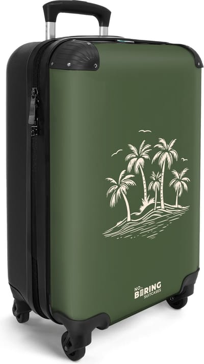 NoBoringSuitcases.com® - Handbagage koffer lichtgewicht - Reiskoffer trolley - Groen met beige palmbomen print - Reis rolkoffer met wieltjes - Cabin koffertje klein - Carryon valies - Harde bagagekoffer - Past binnen 55x40x20 en 55x35x25