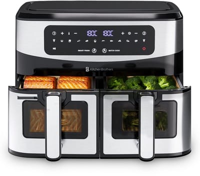 KitchenBrothers Dubbele Airfryer - PFAS-Vrij - 2400W - Dual Zone - 9L - Heteluchtfriteuse - Airfryer XXL - 2 x 4.5L - 10 Kookprogramma's - RVS/Zwart