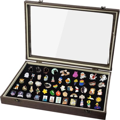 Pin Badge Display Kast voor Medailles en Sieraden met Glas en EVA Interieur