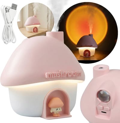 Mary's Luchtbevochtiger met LED-lampje en projector, roze paddenstoel, warm RGB-licht, USB