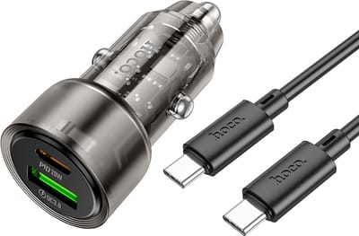 Hoco 38W Autolader + Kabel - USB-C Snellader met USB-C & USB-A Poorten - Inclusief 1M Type-C Kabel - PD20W & QC3.0 - Zwart