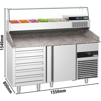 GGM Gastro Pizzakühltisch PREMIUM - 1550x800mm - mit 1 Tür & 5 Schubladen - inkl. Kühlaufsatzvitrine - 6x GN 1/3